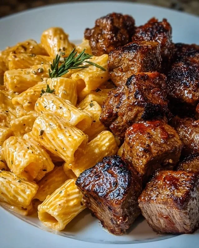 Cajun Steak Tips with Cheesy Rigatoni