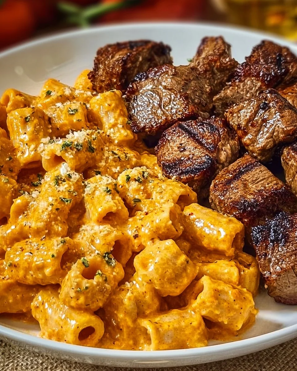 Delicious Cajun Steak Tips served with creamy cheesy rigatoni