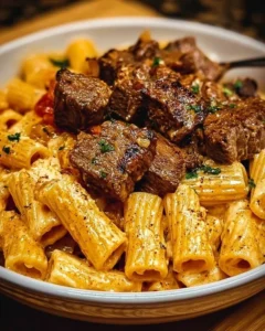 Delicious Cajun Steak Tips served with cheesy rigatoni on a plate