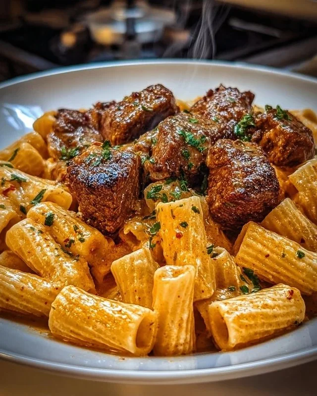 Cajun Steak Tips with Cheesy Rigatoni