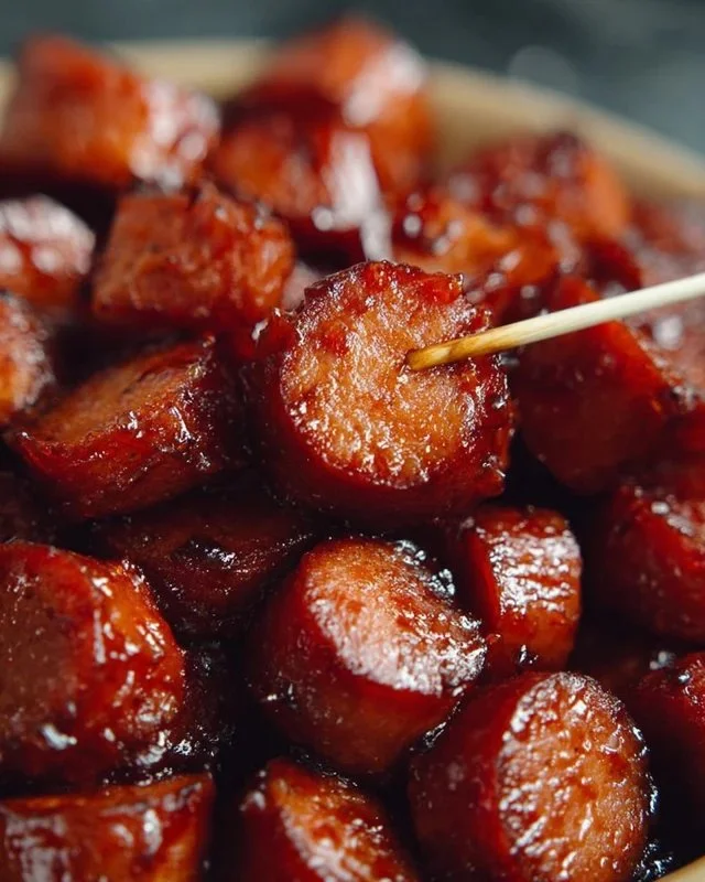Delicious Candied Kielbasa Bites served on a plate, perfect for snacks.