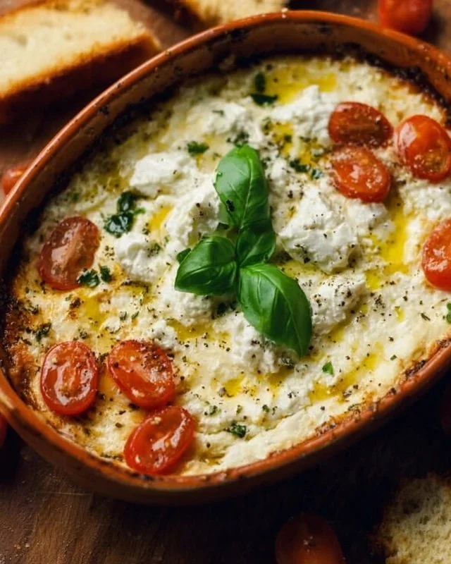 Deliciously layered Caprese Dip with tomatoes, mozzarella, and basil