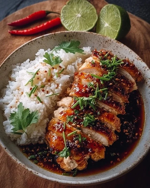 Caramelised Soy Chicken served in garlic ginger broth with rice
