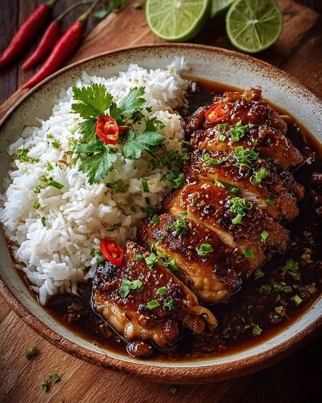 Caramelised Soy Chicken in Garlic Ginger Broth with Rice