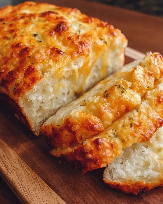 Freshly baked cheese bread with gooey cheese and a golden crust.