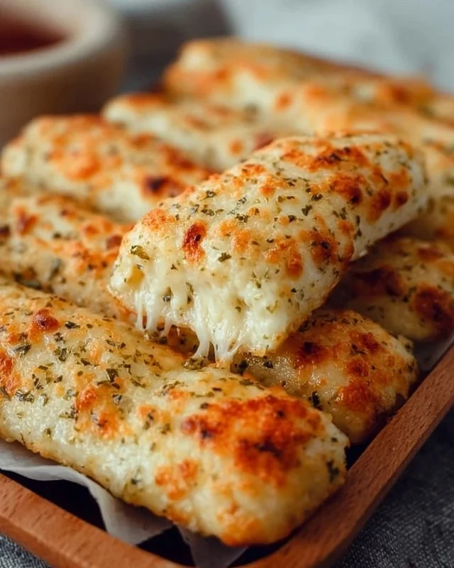 Delicious cheesy breadsticks served with marinara sauce