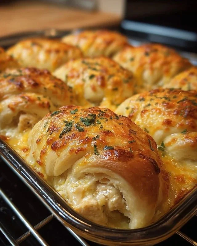 Cheesy chicken crescent bake with golden crust and melted cheese.