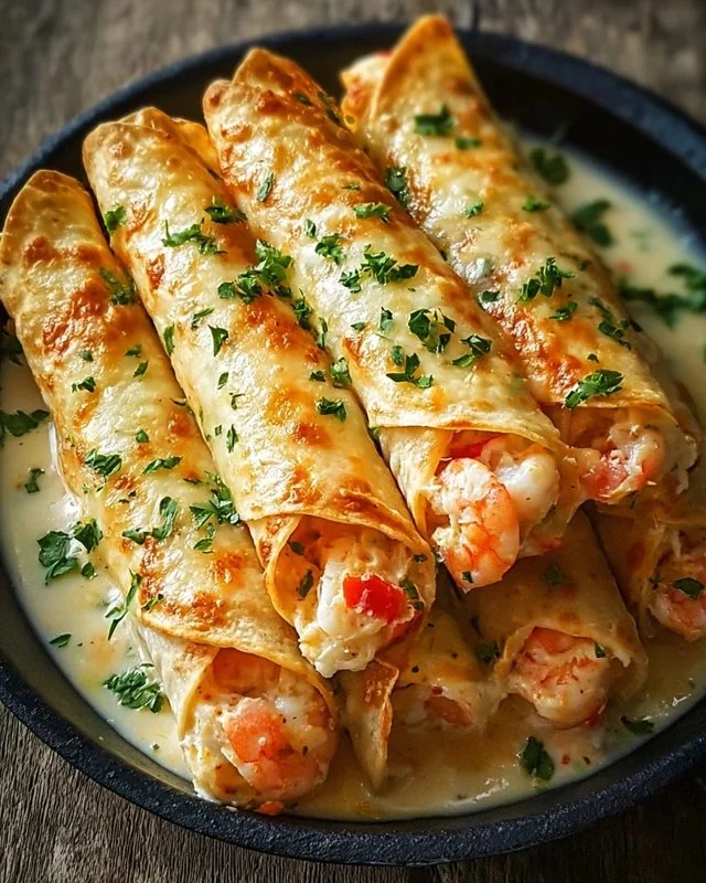 Cheesy crab and shrimp taquitos served with fresh garnishes