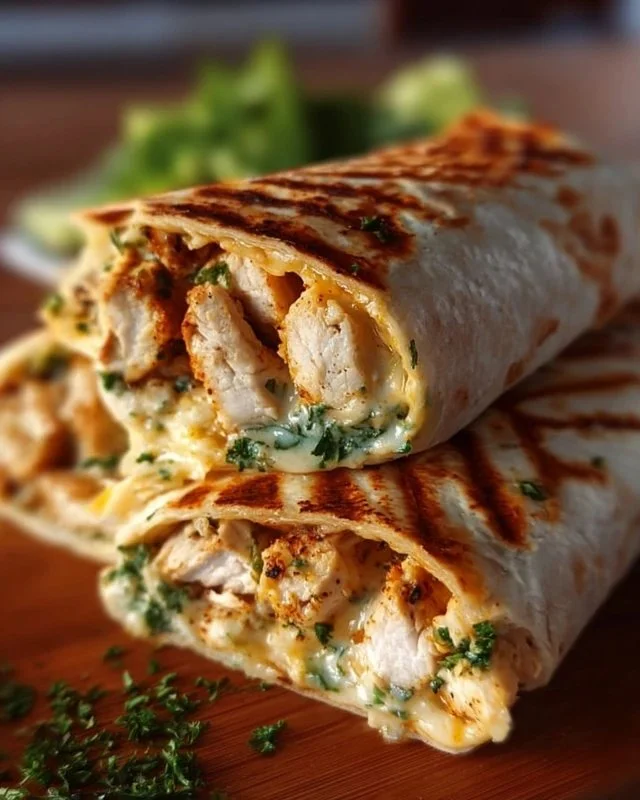Delicious cheesy garlic chicken wraps with fresh ingredients and melted cheese