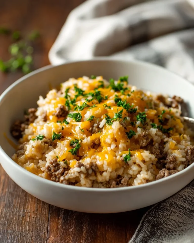Cheesy ground beef and rice casserole dish garnished with herbs