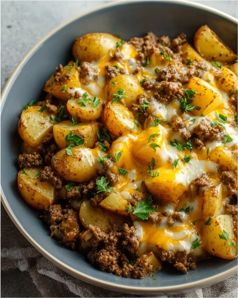Cheesy ground beef and potato casserole in a baking dish