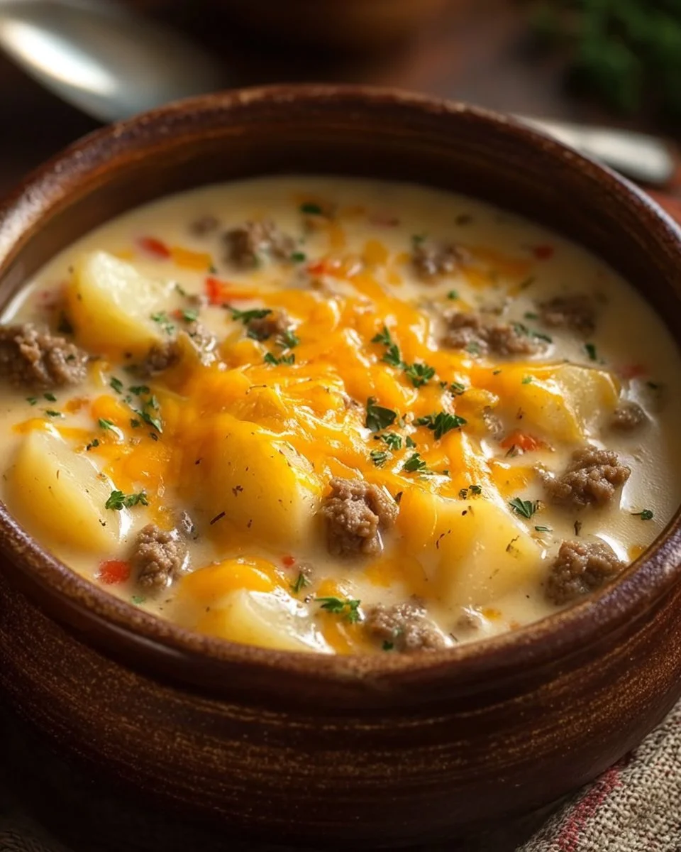 Bowl of cheesy Hamburger Potato Soup garnished with herbs