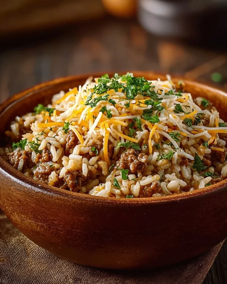 Cheesy hamburger rice casserole showcasing ground beef, rice, and melted cheese.
