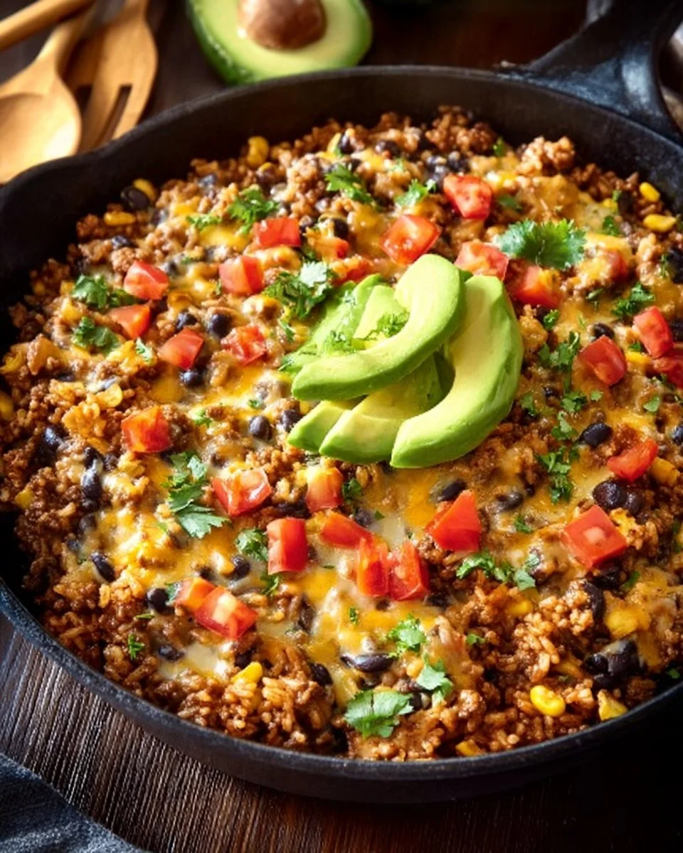 Delicious Cheesy Taco Rice Skillet topped with melted cheese and fresh toppings
