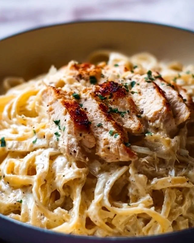 Delicious Chicken Alfredo pasta served with grilled chicken and creamy sauce