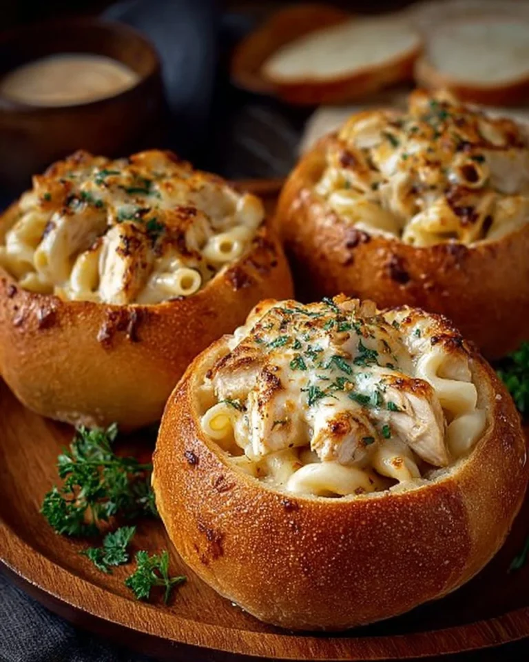 Delicious Chicken Alfredo Garlic Bread Bowls filled with creamy pasta and chicken
