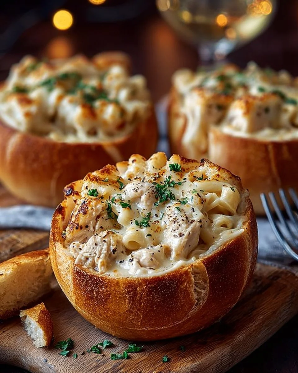 Chicken Alfredo Garlic Bread Bowls