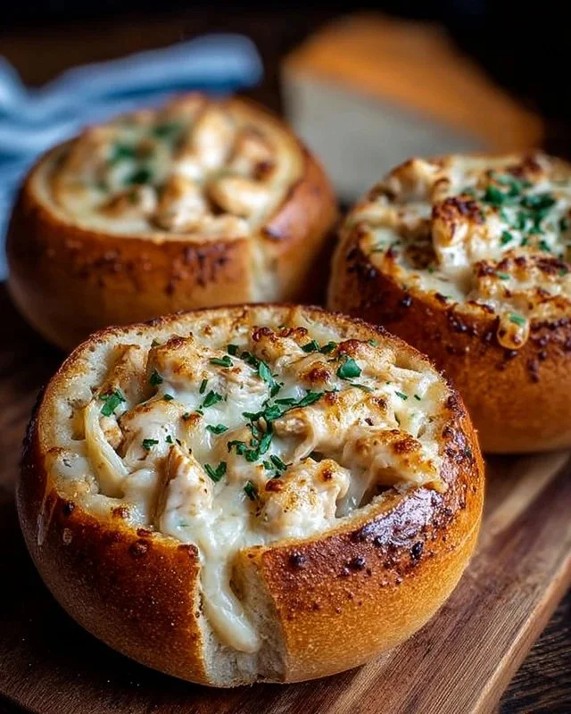 Delicious Chicken Alfredo Garlic Bread Bowls filled with creamy pasta