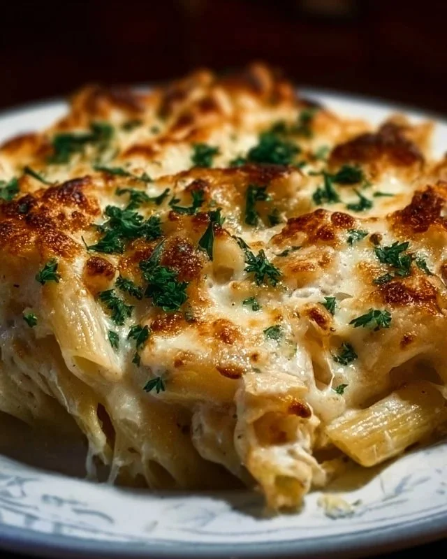 Creamy Chicken Alfredo Pasta Bake dish served in a rustic bowl