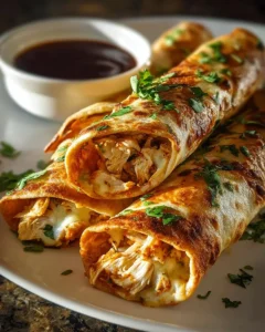 Delicious Chicken Taquitos with melted cheese on a plate.