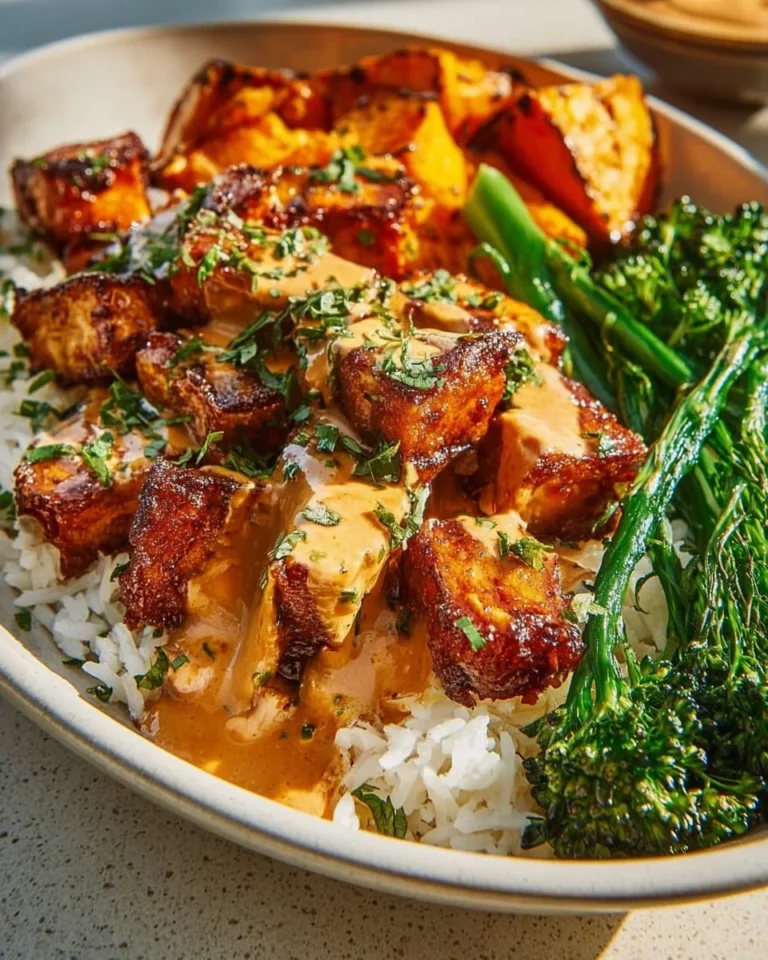 Chicken and sweet potato bowls topped with fresh vegetables and herbs