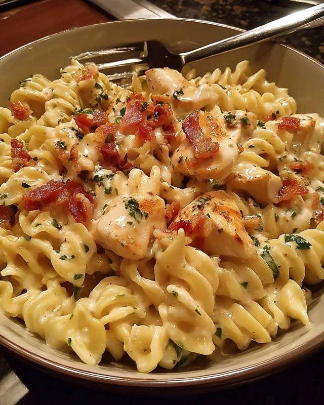 Creamy Chicken Bacon Ranch Pasta with fresh ingredients and herbs