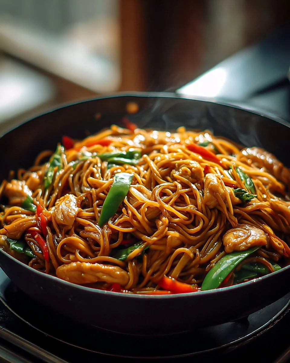 Delicious Chicken Lo Mein served with vegetables and noodles