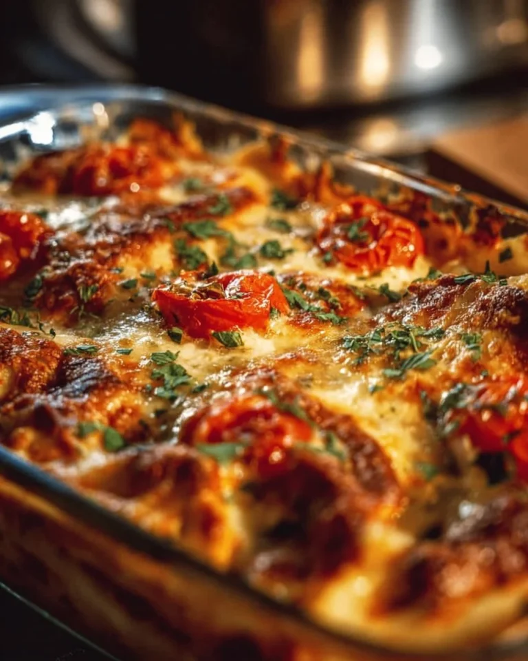 Delicious Chicken Parmesan Casserole topped with melted cheese and marinara sauce