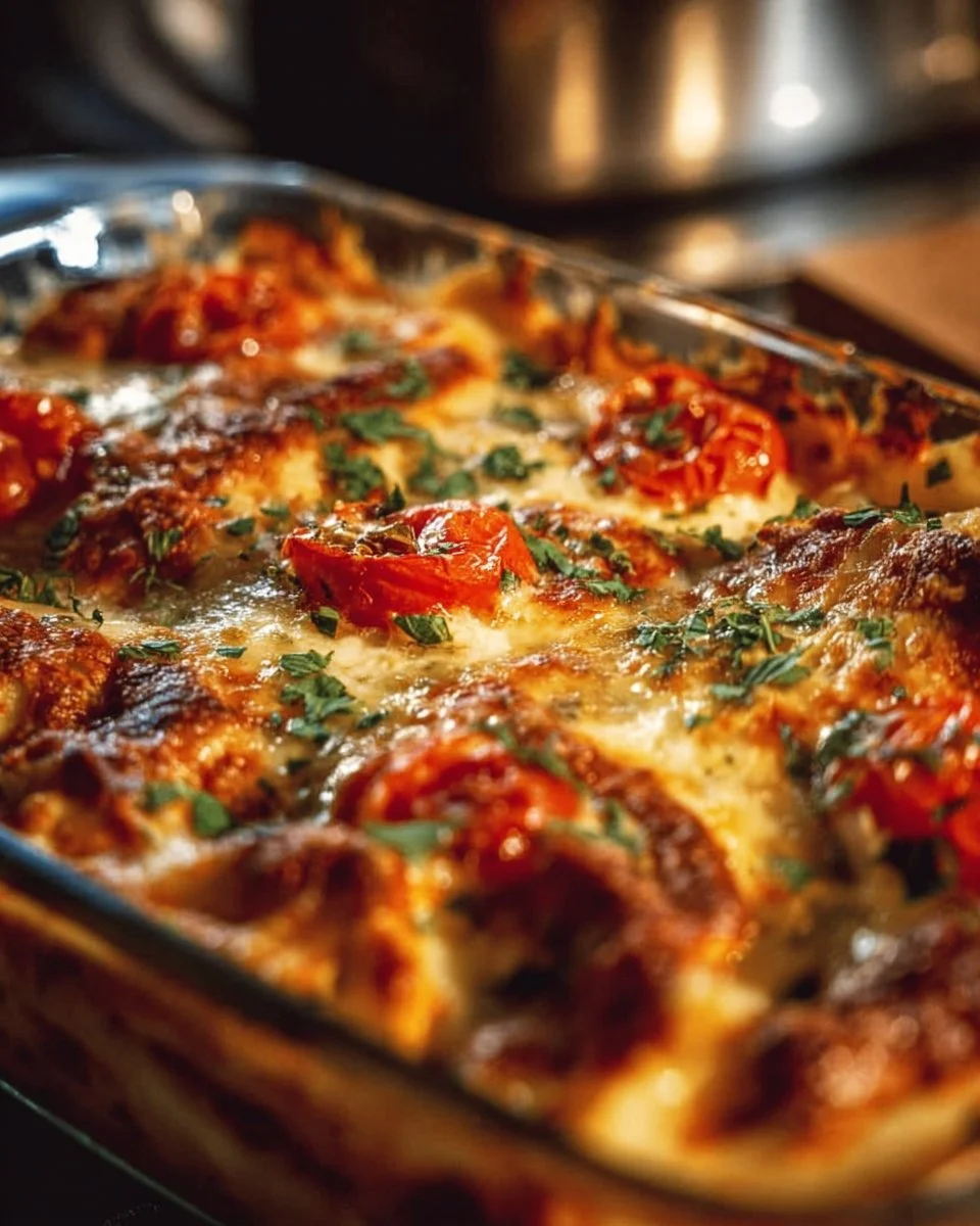Delicious Chicken Parmesan Casserole topped with melted cheese and marinara sauce