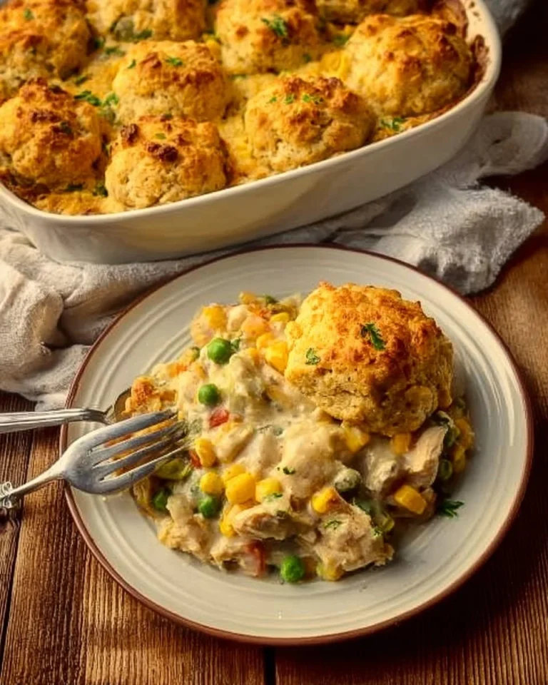 Delicious Chicken Pot Pie Casserole served in a rustic dish