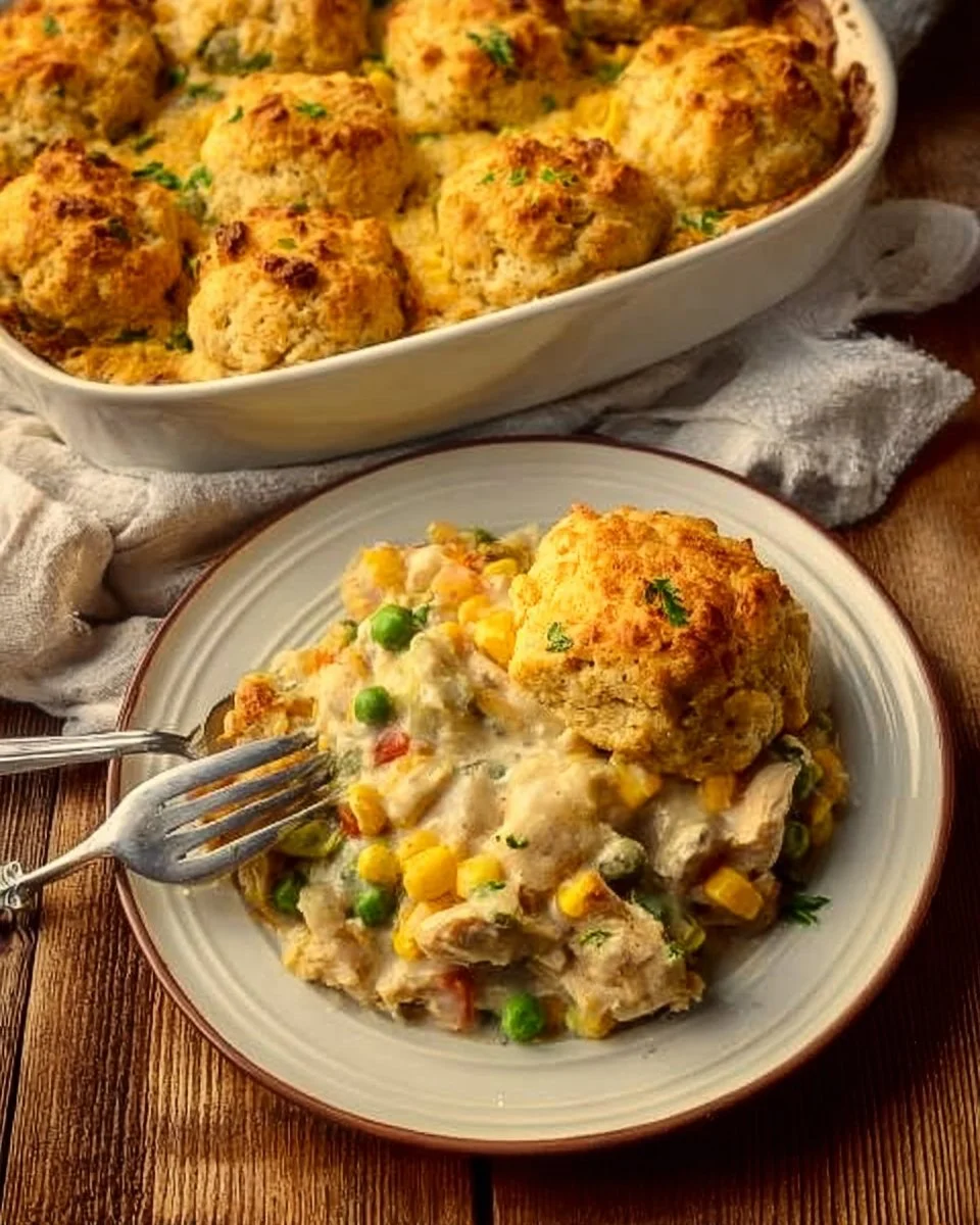 Delicious Chicken Pot Pie Casserole served in a rustic dish