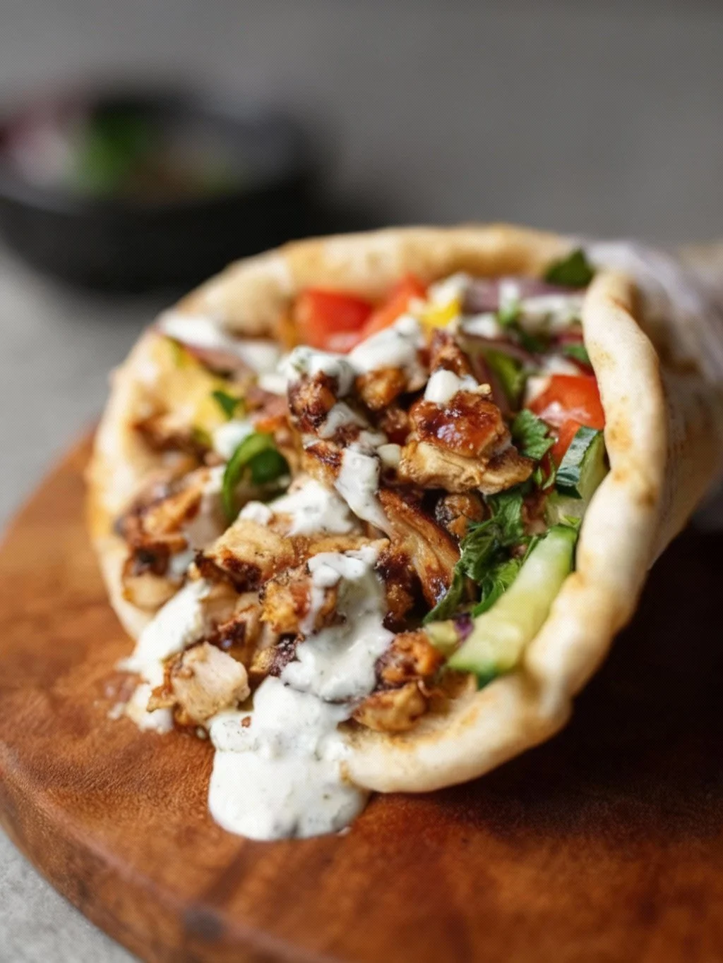 Plate of Chicken Shawarma topped with garlic sauce and fresh vegetables