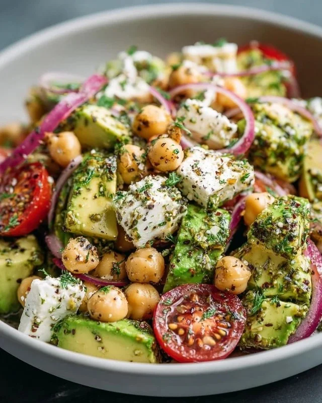 Chickpea Feta Avocado Salad with fresh vegetables and herbs
