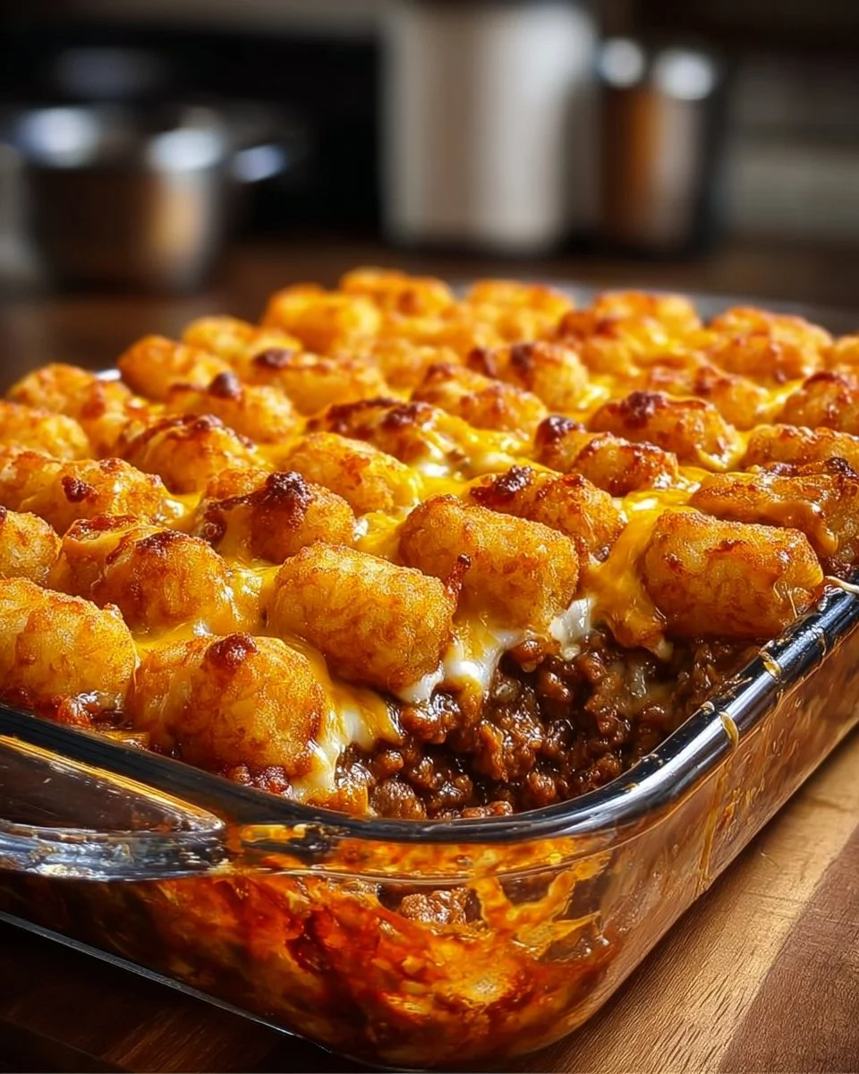 Chili Cheese Tater Tot Casserole topped with melted cheese and jalapeños.