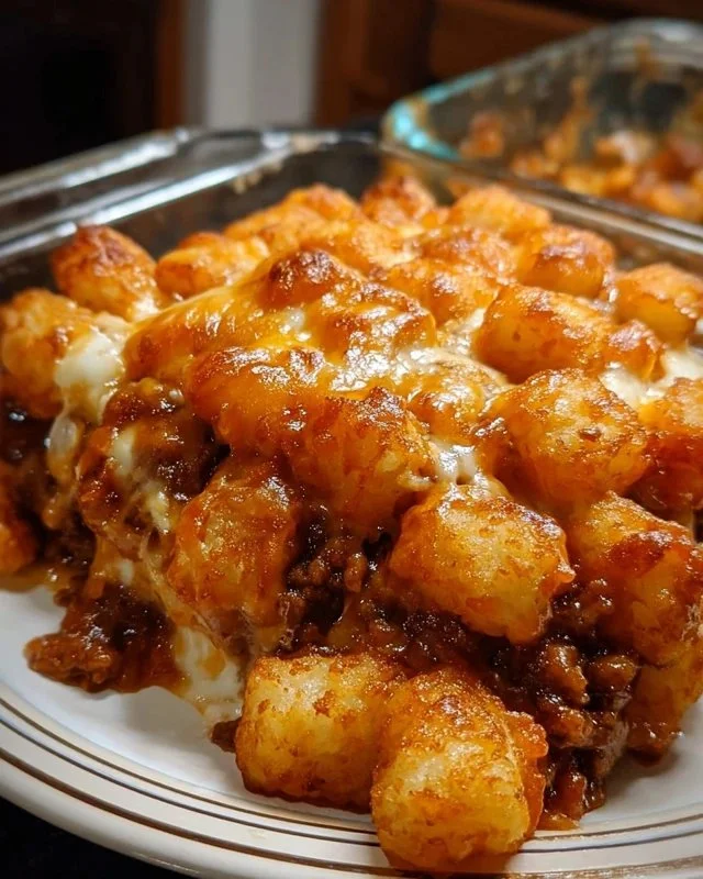 Delicious Chili Cheese Tater Tot Casserole served in a baking dish