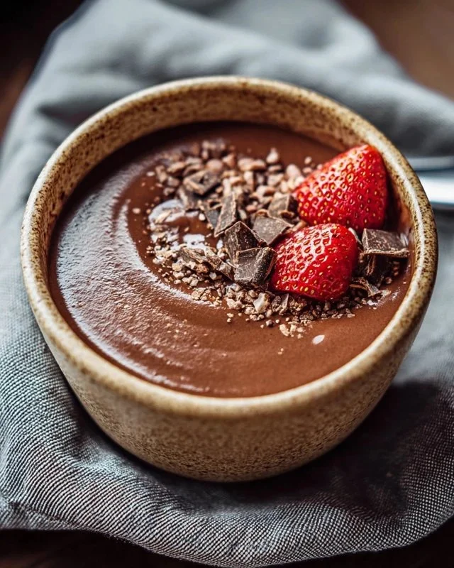Delicious bowl of chocolate protein pudding topped with cocoa and nuts