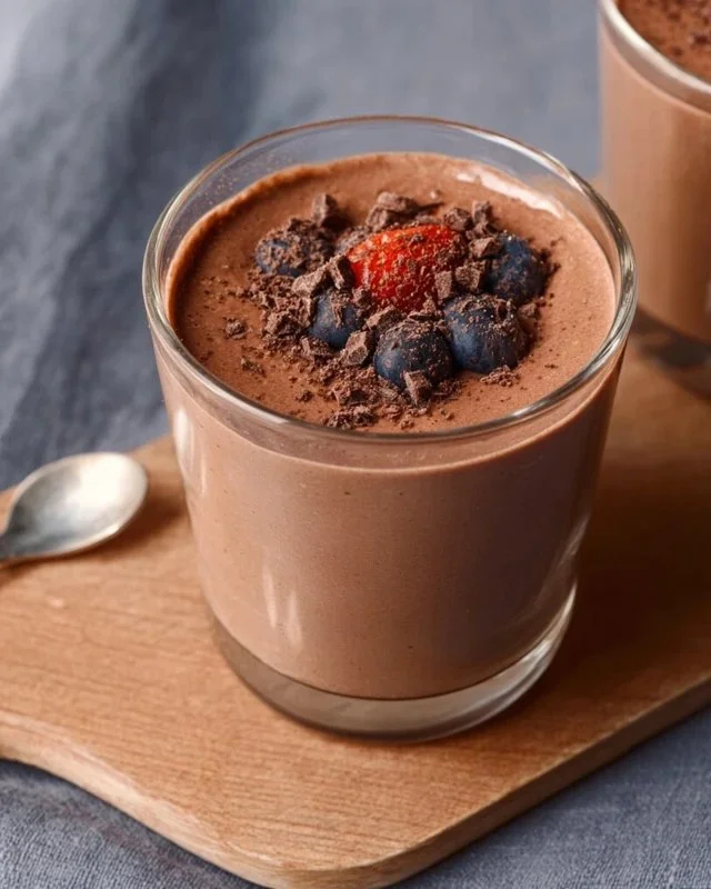 Delicious chocolate protein pudding topped with berries in a bowl