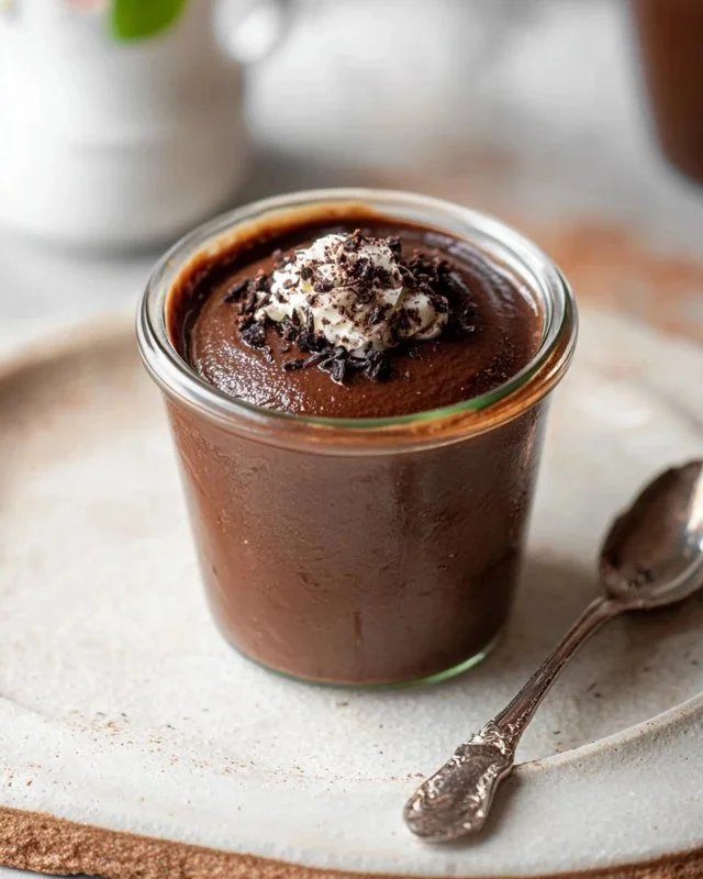 Delicious homemade chocolate pudding served in a bowl with a spoon