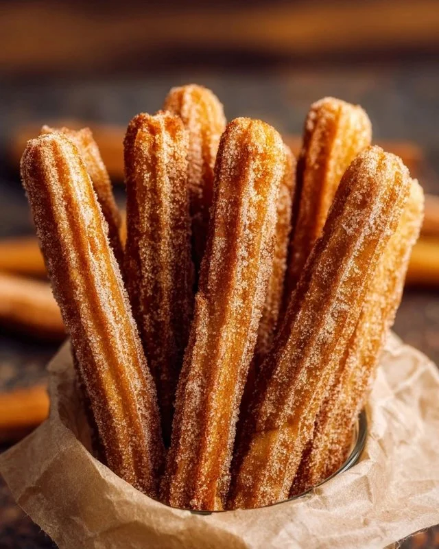 Delicious churros sticks dusted with sugar, served with chocolate sauce.