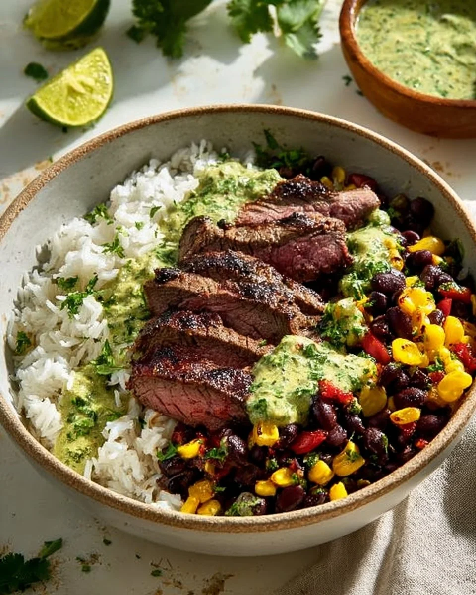 Cilantro lime steak bowls garnished with fresh ingredients and lime