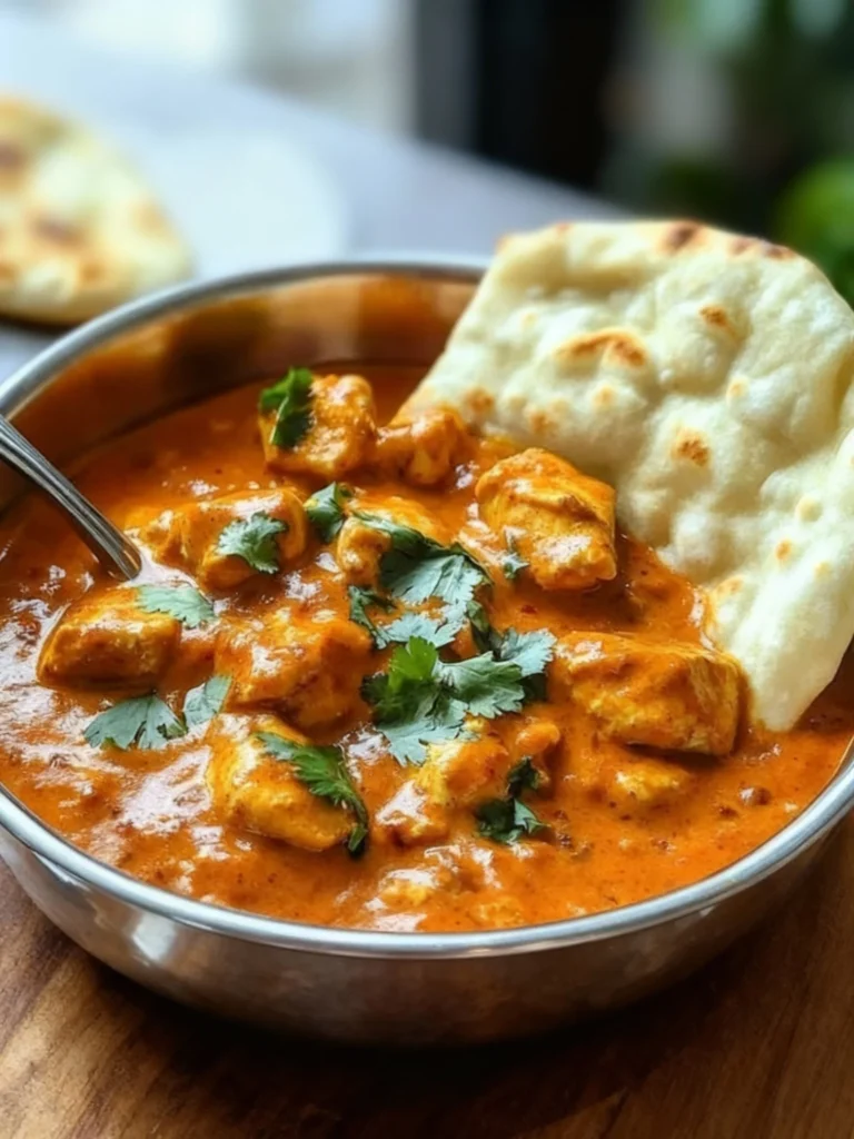 Bowl of classic butter chicken with rice and naan, showcasing rich flavors.