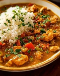Delicious classic Chicken Étouffée served in a bowl with rice and herbs.
