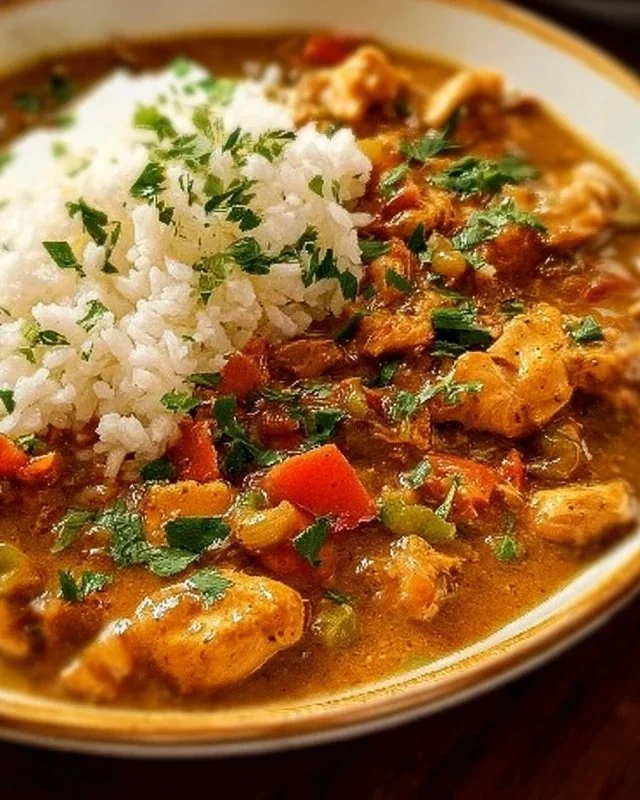 Delicious classic Chicken Étouffée served in a bowl with rice and herbs.