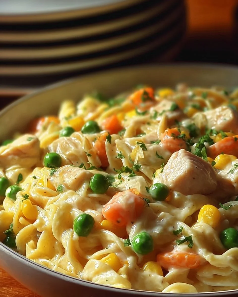Bowl of Classic Chicken Pot Pie Pasta with vegetables and creamy sauce