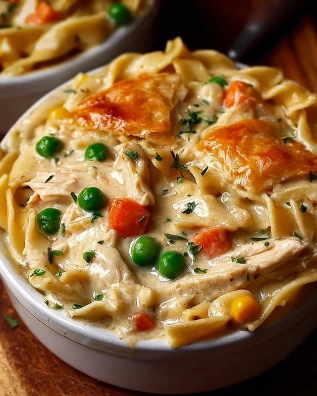 Delicious classic chicken pot pie pasta served in a bowl