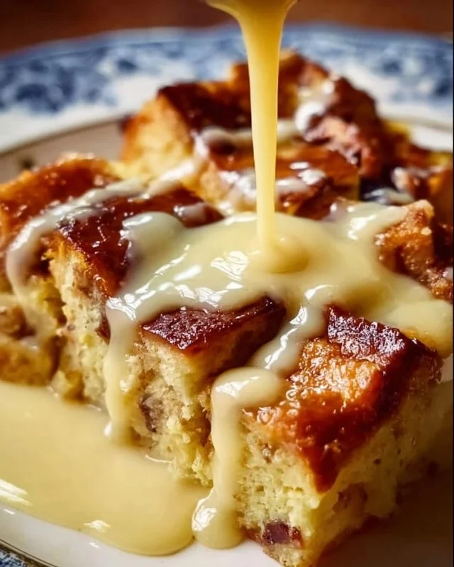 Delicious Classic New Orleans Bread Pudding served with a rich sauce