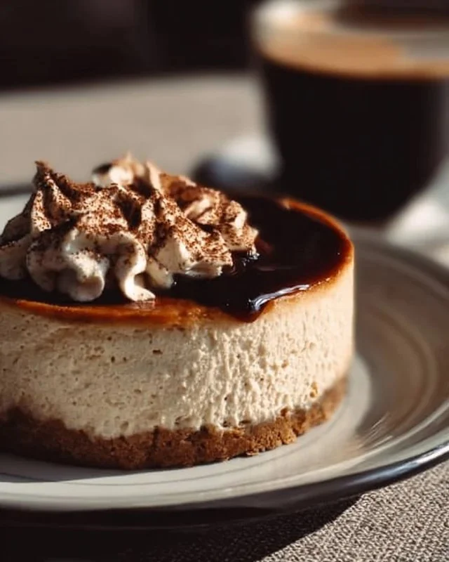 Delicious slice of coffee cheesecake topped with whipped cream and coffee beans