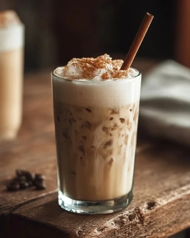 Delicious Cookie Butter Iced Chai Latte topped with whipped cream