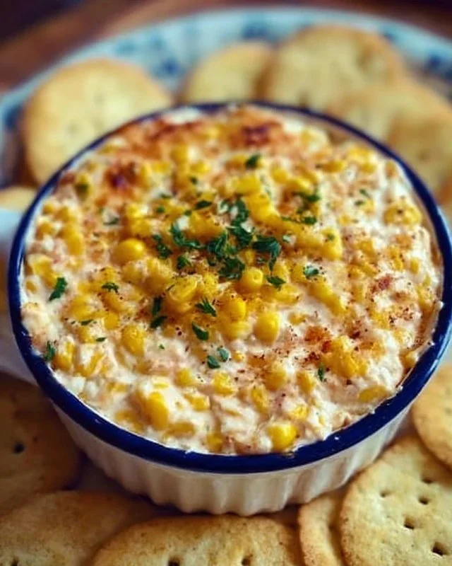 Creamy corn dip served in a bowl, garnished with herbs and tortilla chips