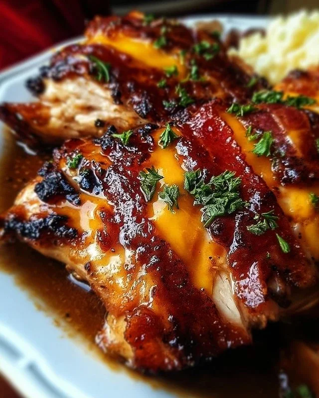 Cowboy BBQ Bacon Cheddar Chicken dish topped with crispy bacon and melted cheddar